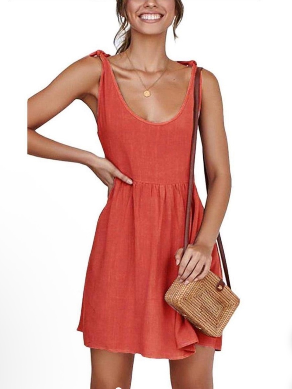 Coral Shoulder Tie Strap Babydoll Dress
